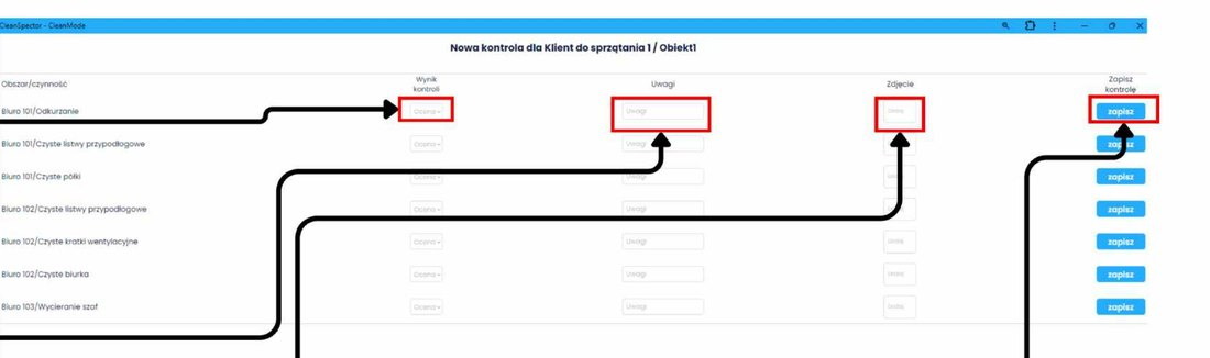 Fragment instrukcji CleanSpector: oceny czynności, uwagi, zdjęcia i przyciski zapisu