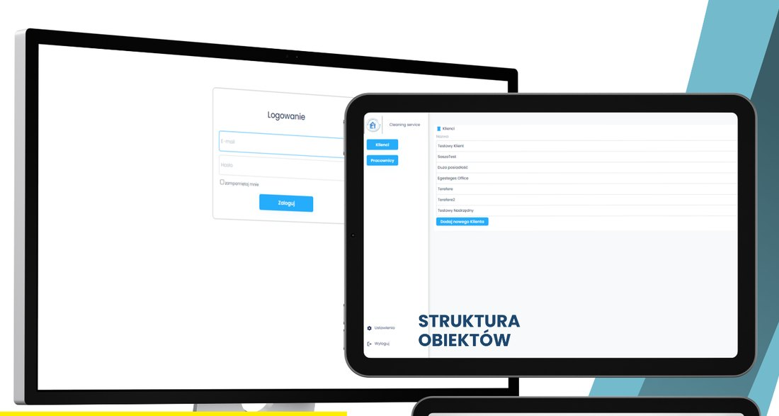 Monitor i tablet prezentujące ekrany aplikacji CleanSpector z materiałów firmowych